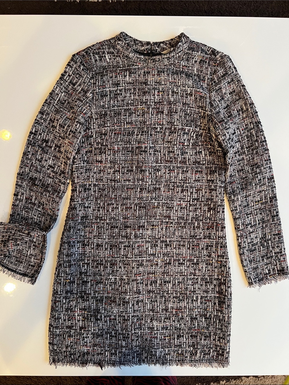 Textured Tweed Long Sleeve Mini Dress in Black & White, red accents and sequins
